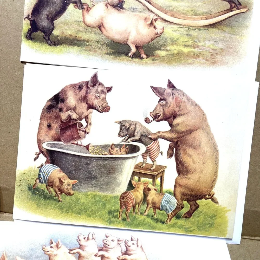 Whimsical Pig Greeting Cards Blank With Envelope 3pcs Vintage Ephemera Farm